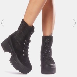 Dollskill Rhinestone Glam Black Combat Rave Boots